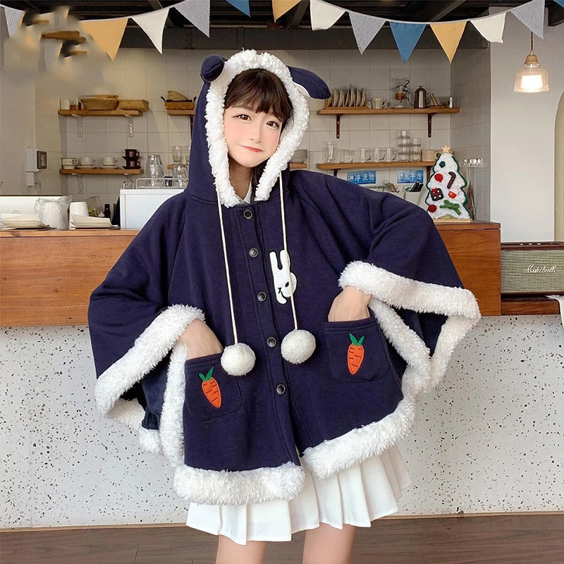 Плащ женский с капюшоном и ушками кролика Мягкая шерстяная куртка в стиле