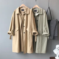 2021 new solid trench long turn down collar loose khaki women clothes middle length single breasted pockets casual female coats