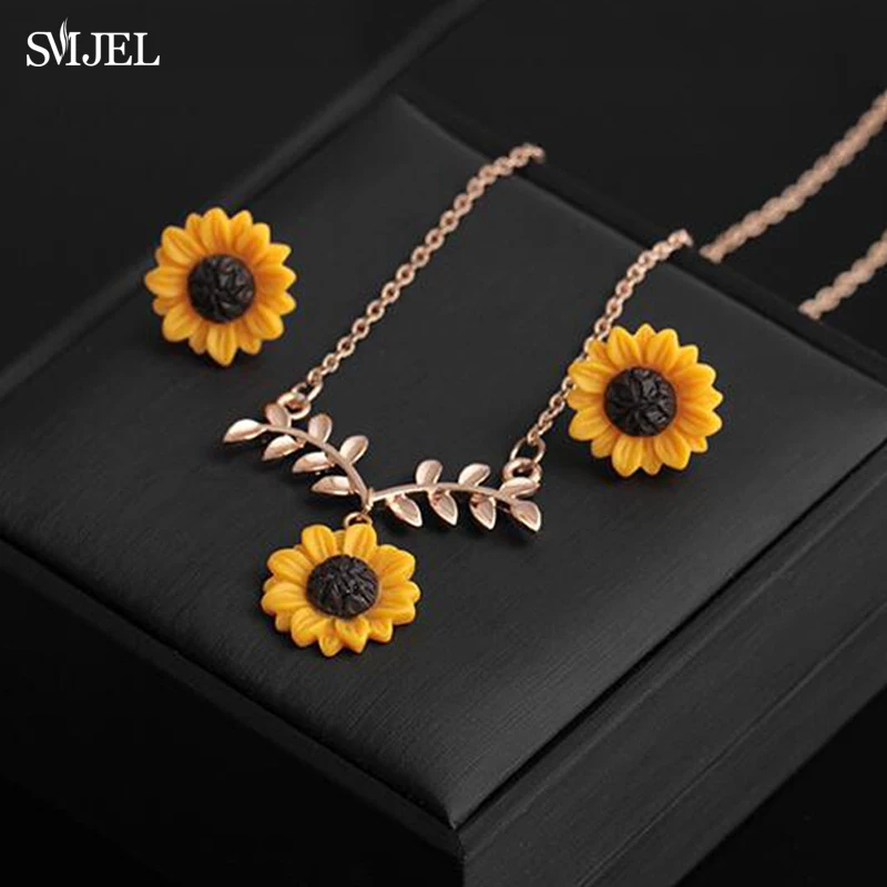 SMJEL открытый медальон ожерелье из подсолнечника листья солнце цветок серьги s