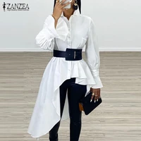 womens asymmetrical blouse 2022 zanzea elegant flouce sleeve shirts casual button down blusa female lapel tunic oversized top