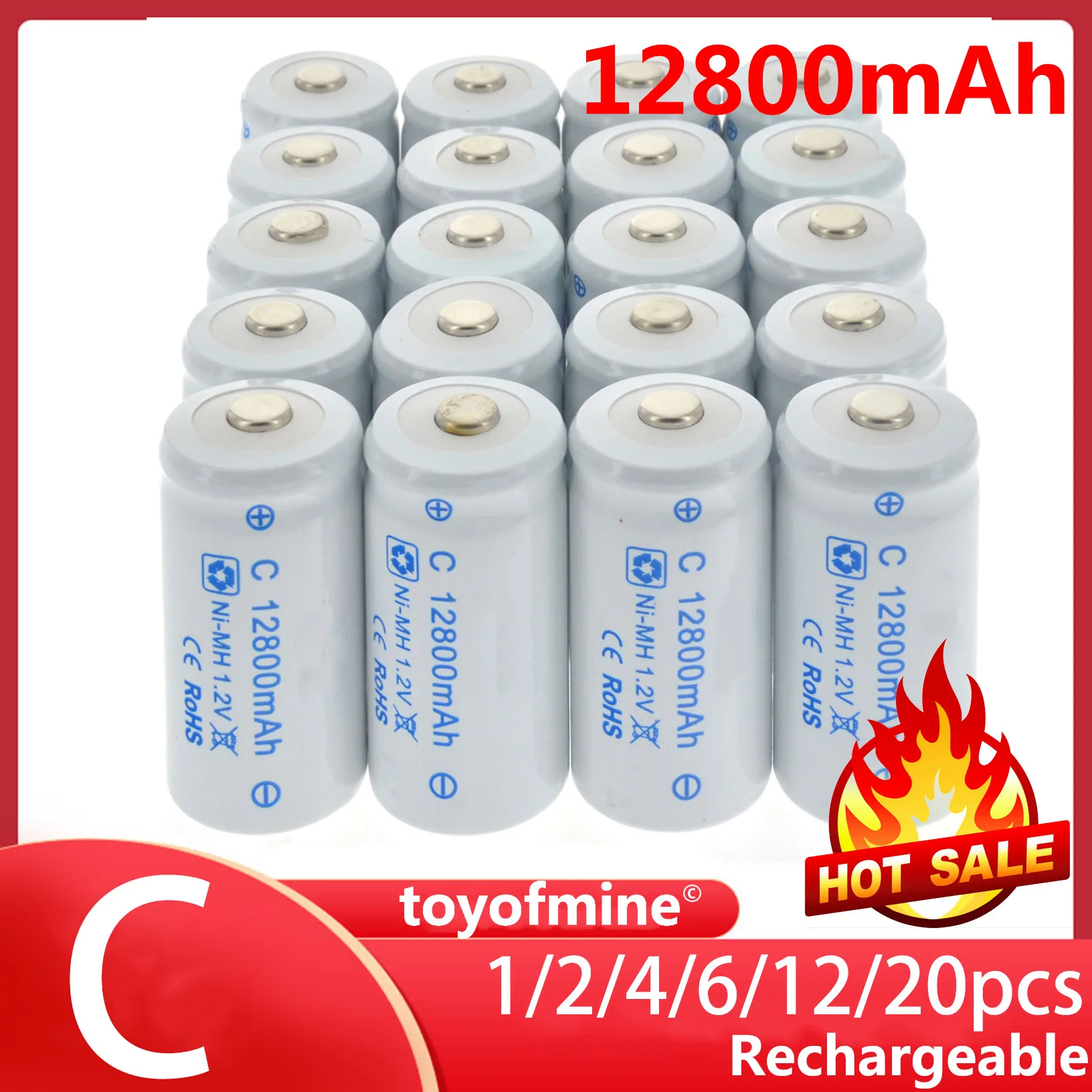 

1-20pcs 12800mAh C Size Rechargeable Batteries 1.2V R14 C Cell NI-MH Battery