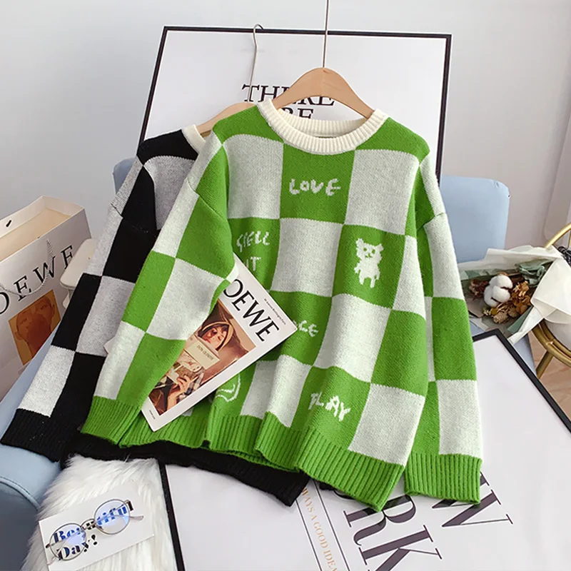 

Женские свитера EBAIHUI, клетчатый пуловер с круглым вырезом, Повседневная Свободная вязаная теплая зимняя одежда, корейский модный джемпер, д...