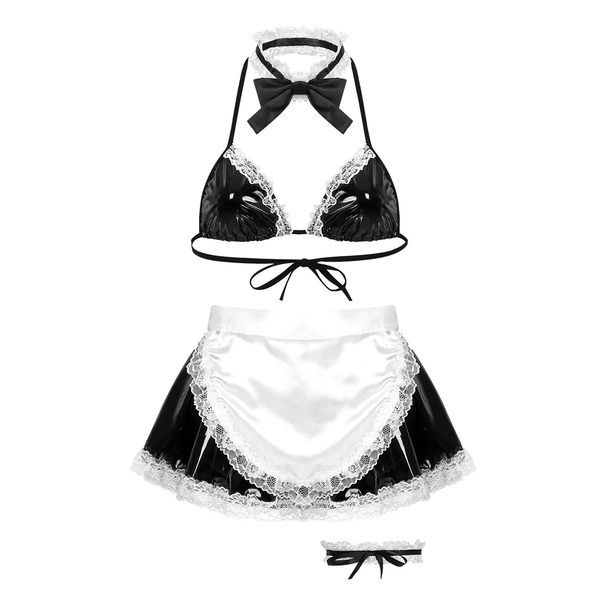 

Womens Exotic Halloween Parties Anime Maid Dress Fancy Cosplay Sexy Costumes Bra Top + Skirt G-string Briefs with Apron Necklace