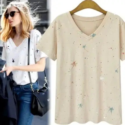 Летние топы женская футболка модная с принтом Женская Повседневная v-образным