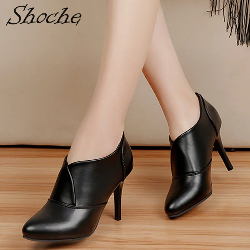 Shoche/ботильоны; женская модная обувь; коллекция года; черные, красные короткие ботинки; женская обувь на высоком каблуке с острым носком; обувь без шнуровки на 8 см; большие размеры