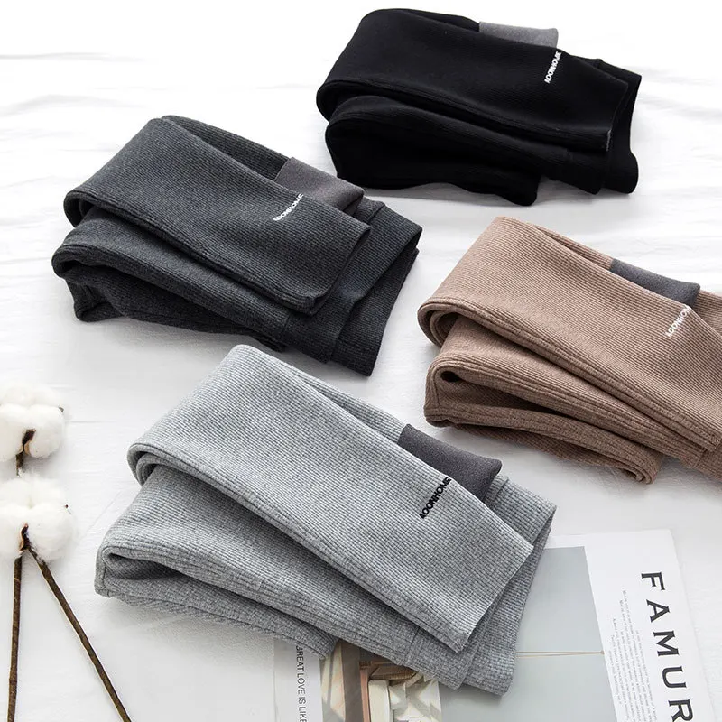 Autumn and Winter Thick Gray Rabbit Fur Warmth Leggings High Stretch Fashion English Alphabet Embroidered Cropped Trousers