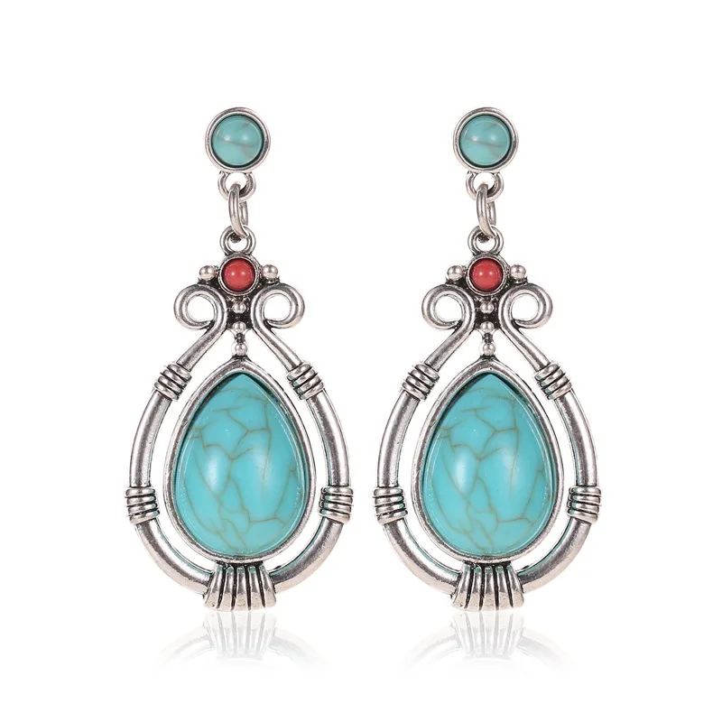 

Retro Ethnic Drop-Shaped Turquoise Earrings Bohemian Palace Style Women's Earrings Banquet Jewelry Gifts