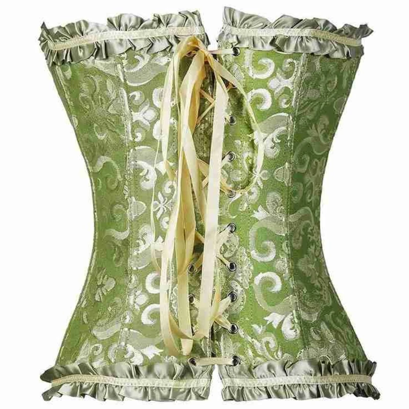 

Women Ruffles Lace Corset Bustier Top Jacquard Floral Overbust Waist Cincher Y1AC