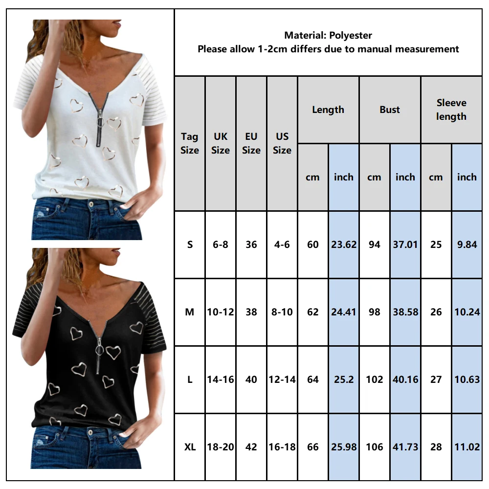 

Women T-shirt Spring Summer Clothes V Neck Short Sleeve Tops Zipper Up Design Tee Sexy Female Heart Print Black White Tops D30