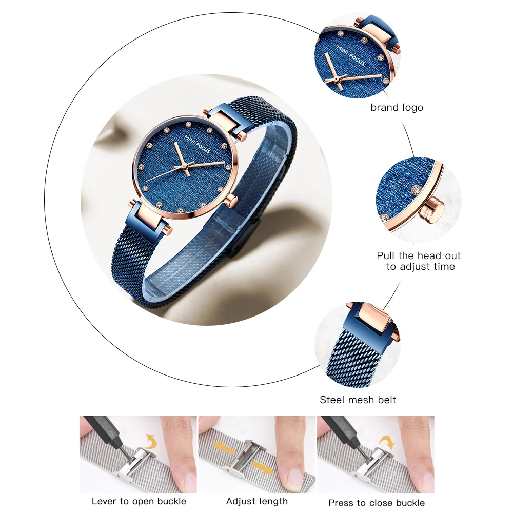 MINIFOCUS женские кварцевые часы топ класса люкс розовое золото со стальным сетчатым