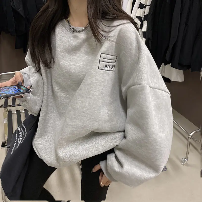 

QWEEK Gray Oversized Crewneck Sweatshirt Women Causal Long Sleeve Letter Print Long Sleeve Hoodie Tops Female Kpop Clothes 2021
