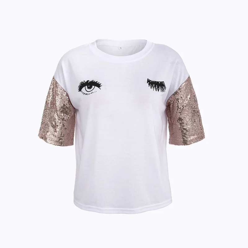 

Nice Fashion Sexy Causal Fashion Womens Pacthwork Eyes Print Sequin Short Sleeve Tee Casual Top T Shirt Women Camiseta Mujer