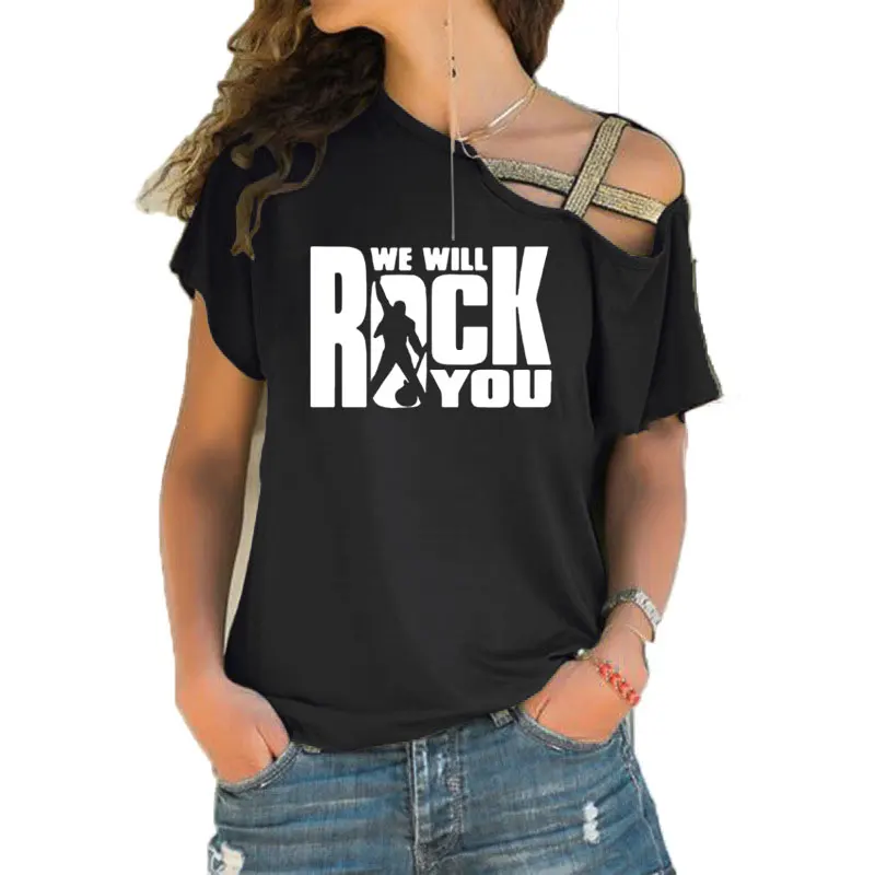 We Will Rock You, женская футболка, летняя, queen, рок-группа, футболка, короткий рукав, хлопок, рок-ролл, для женщин, с неровным перекосом, крест, топы - Цвет: 1