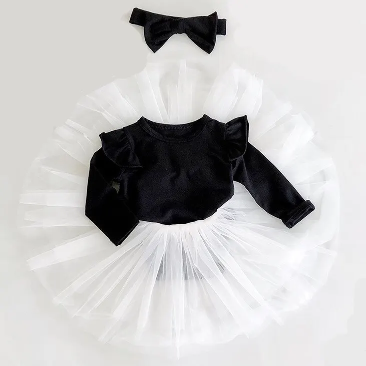 Милый черный Детский комбинезон + розовая юбка пачка повязка на голову весенняя