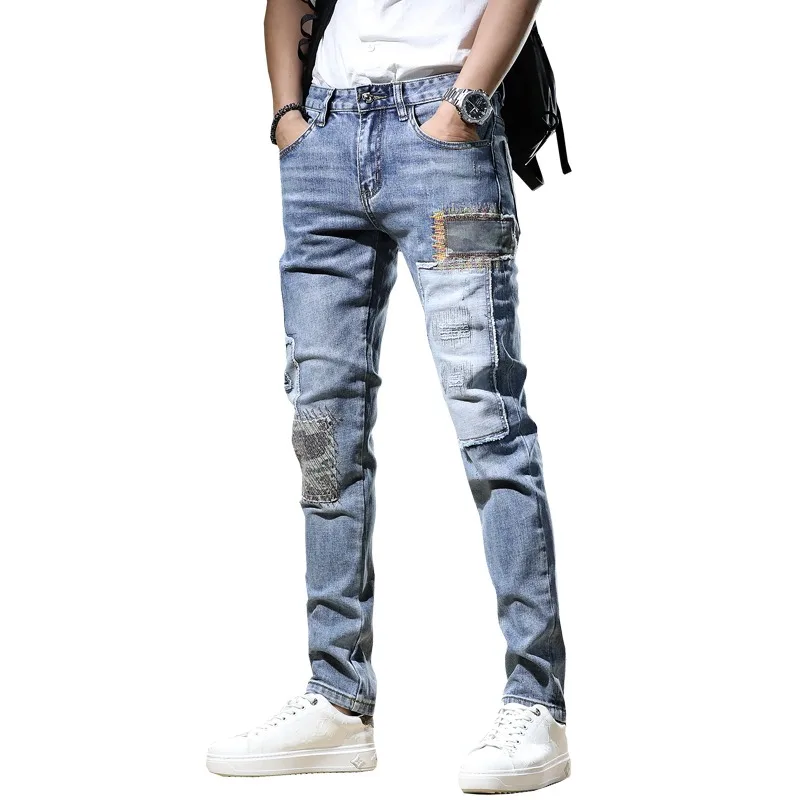 Summer Men Jeans pantalones hombre Regular Fit Pants Streetwear Casual Blue Patches Patchwork Jean Mens Clothing Denim Trousers