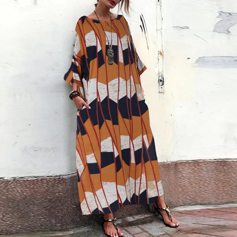 Женское богемное Платье макси с круглым вырезом повседневное удобное летнее