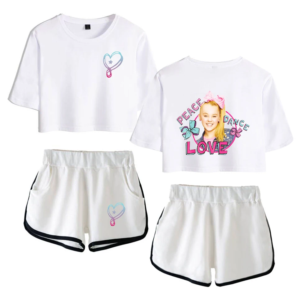 

Summer JOJO SIWA Exposed Navel White T-shirt+shorts women's two-piece sets New Print Cotton JOJO SIWA girl's two-piece suits