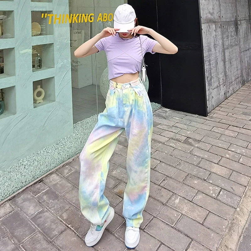 

[EAM] High Waist Tie Dye Long Casual Denim Wide Leg Trousers New Loose Fit Pants Women Fashion Tide Spring Summer 2021 1DD8800