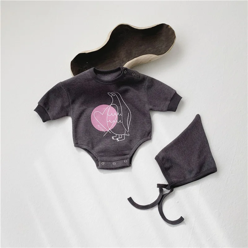 

2021 Spring New Baby Girl Bodysuits Cotton Cartoon Print Baby Boy Long Sleeve Jumpsuit One-piece Baby Bodysuit With Hat