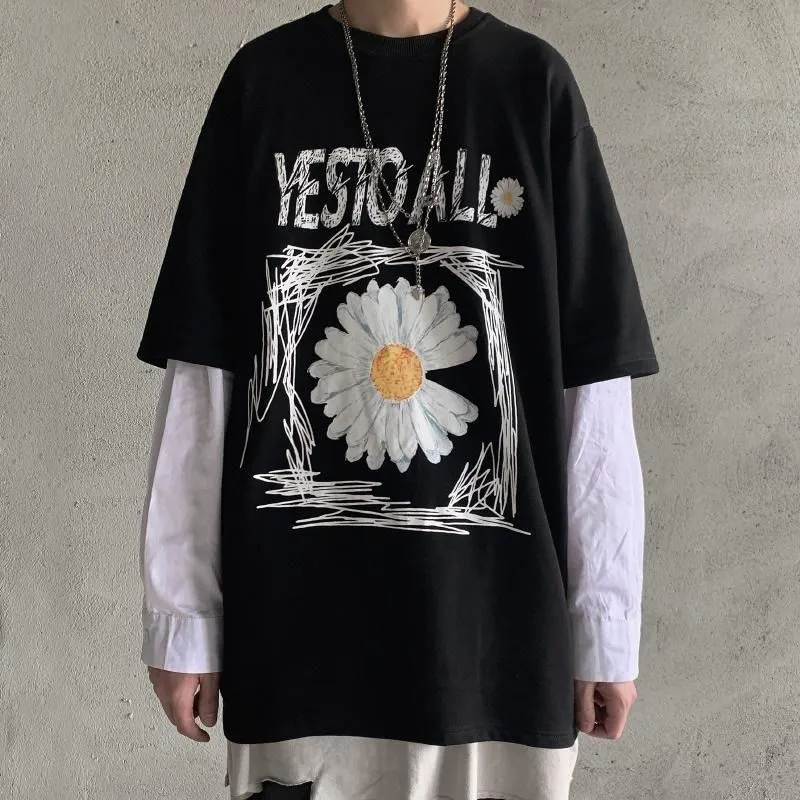 

Harajuku t shirt Women clothes flora print couples fake 2pc Tshirt 2020 Streetwear Tee Shirts Long Sleeve O-neck Tops t-Shirt