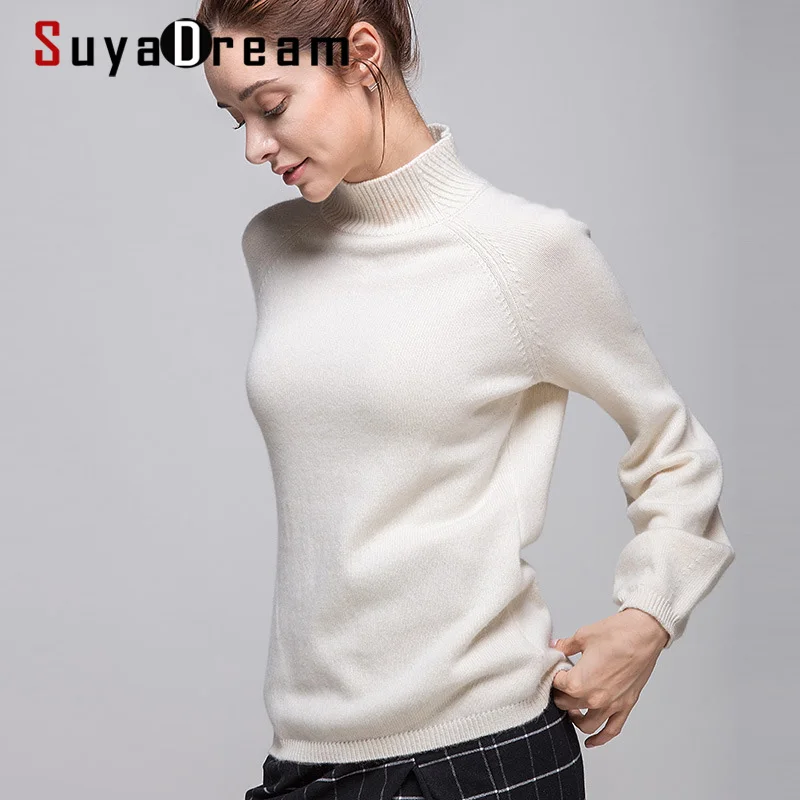 Женский кашемировый пуловер SuyaDream однотонный белый с высоким воротом Осень-Зима