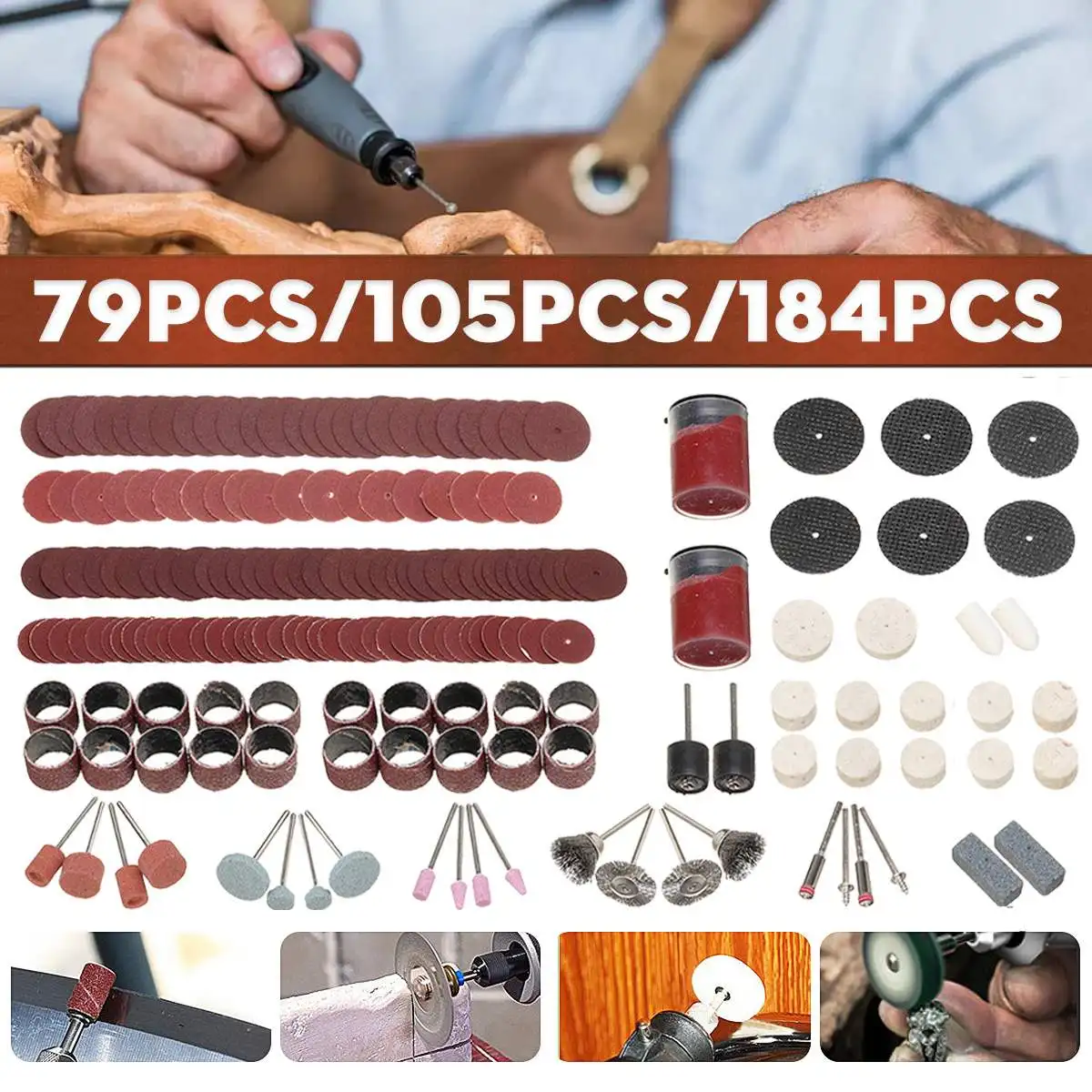

184/105/79Pcs Rotary Tool Accessory Attachment Kits Grinding Sanding Polishing Sander Abrasive fit Grinder Tool Accessories