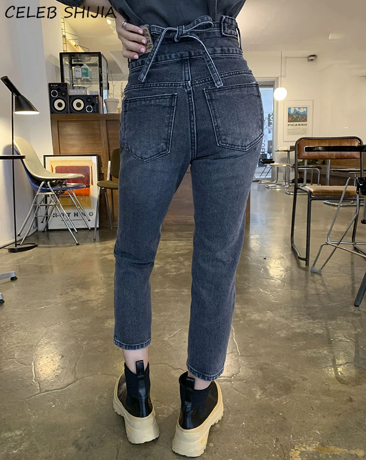 

Джинсы женские с завышенной талией, уличные штаны из денима с бантом, в винтажном стиле, шикарные брюки в Корейском стиле, серая, весна-лето, ...