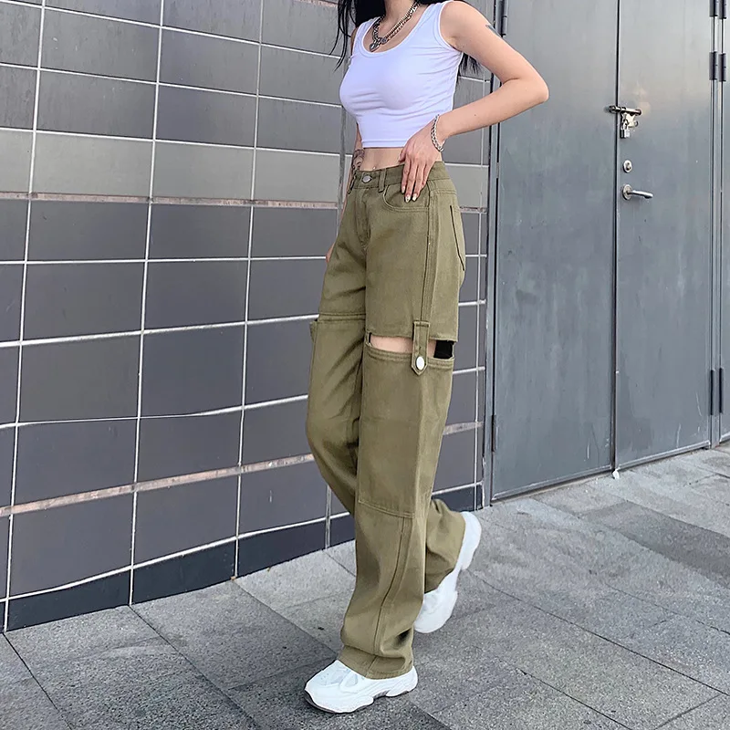 

Women's summer new style high waist zipper hollow straight leg pants