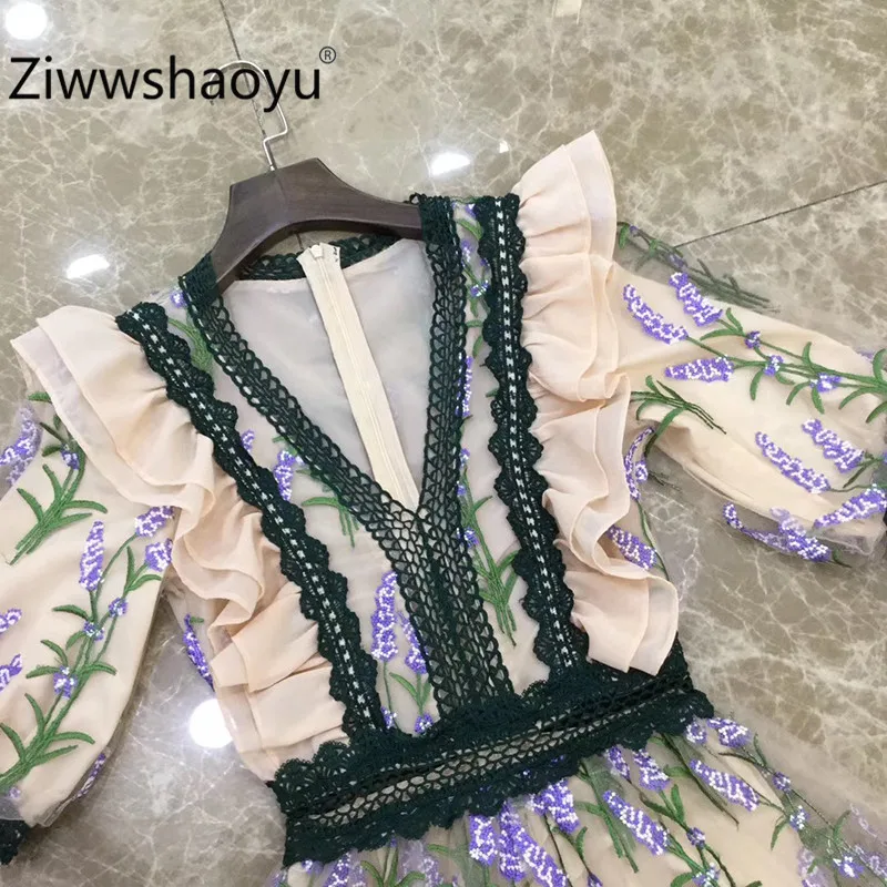 Ziwwshaoyu Подиумные дизайнерские богемные длинные платья женские пышные рукава Великолепная Цветочная вышивка сексуальные v-образным вырезом сетки Макси платья