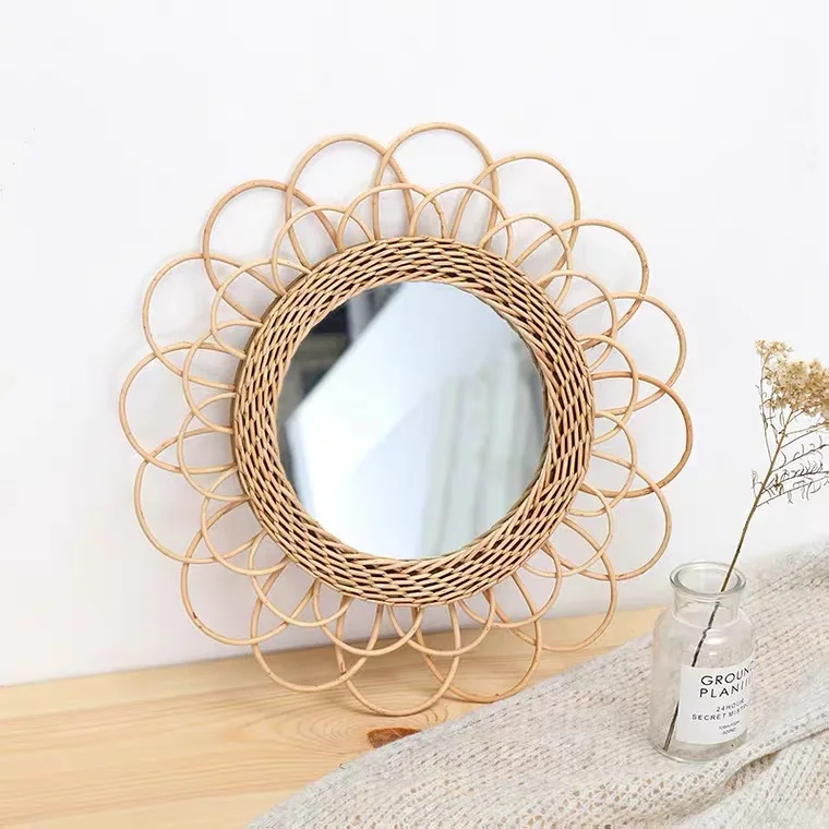 

Hanging Mirror Rattan Sunflower Circular Wall Mirror Decor Boho Wicker Dressing Makeup Mirrors DIN889