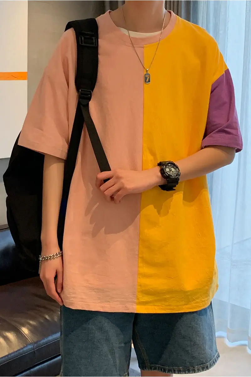 

Men's short-sleeved T-shirts 2021 summer new round neck cotton contrast stitching loose large size S-5XL casual T-shirt campus