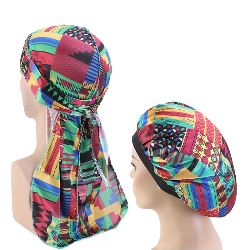 

African Print Silky Bonnet And Durags Sets For Men du rag Women Ankara Pattern Bandana Headwrap Night Sleep Cap Head Scarves