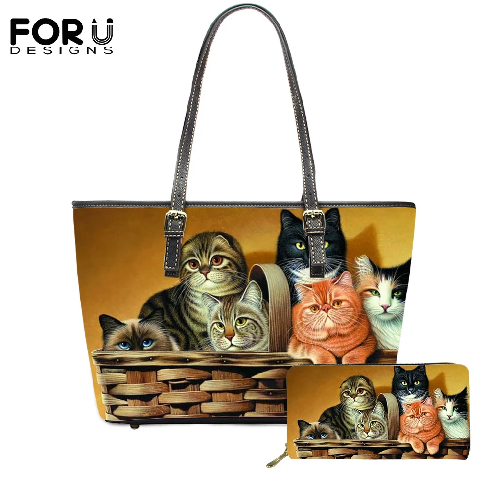 

FORUDESIGN 2021 Casual Shoulder Bags Fashion Wallet 2Pcs For Lady Realistic Simulation Cats Portrait Pattern Design PU Beach Bag