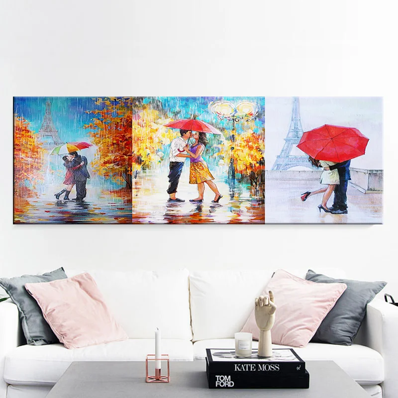 Мультфильм влюбленных холст стены искусства пара целующиеся в дождь
