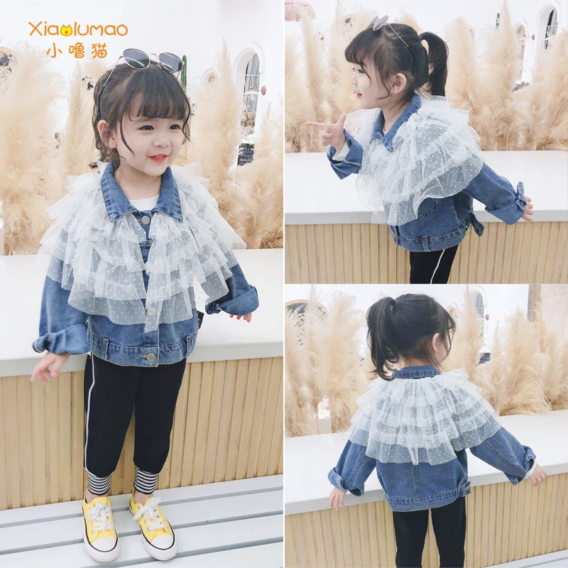 

Baby girl denim jacket lace jacket for girl autumn 3-8Y streetwear kids cape Child coat cute kids outerwear dropshipping