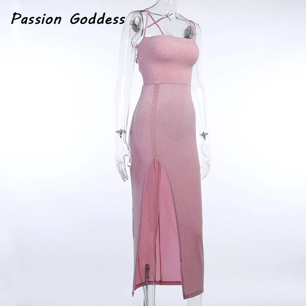 Розовое блестящее длинное платье сексуальное женское с разрезом на шнуровке