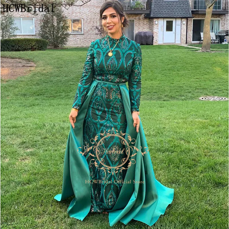 

Green Muslim Evening Dress Long Sleeve Mermaid Lace Prom Gown With Detachable Train Dubai Women Wedding Party Occasion Dresses