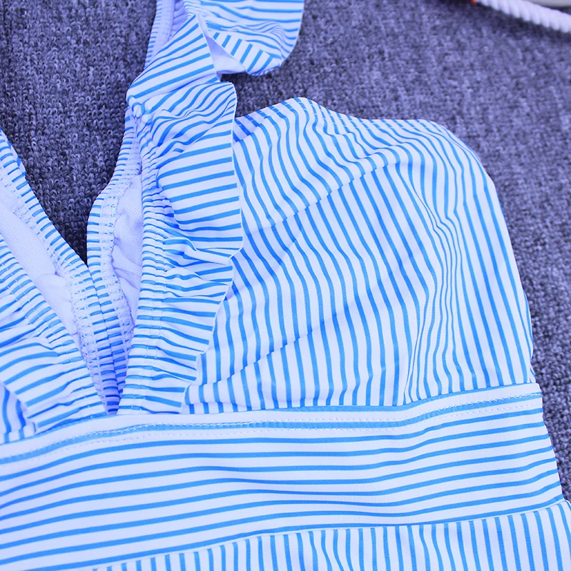 

Para Praia New One Piece Swimsuit Women Ruffled Monikini Stripe Swim Wear High Cut Swimwear Sexy Push Up Bathing Suit