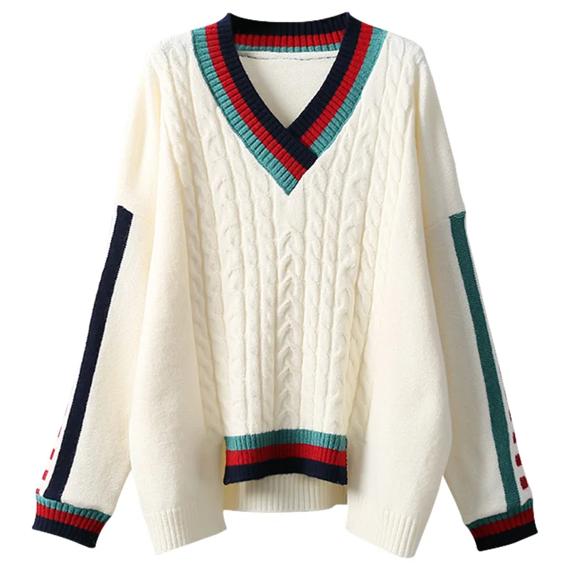 

2021 Fashion Women's Wild Color Contrast Twist Pullover New Autumn and Winter Female Long-sleeved V-neck Knitted Solid Sweater