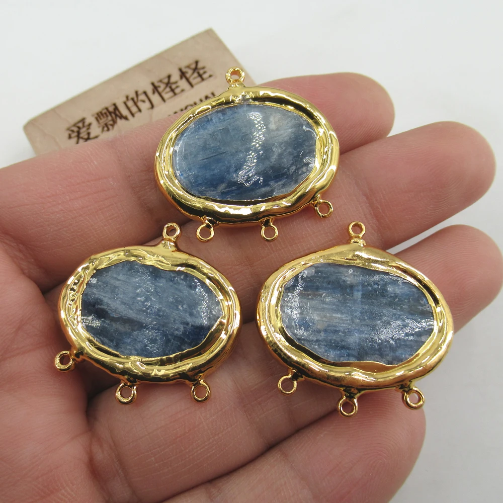 

3PCS Natural Blue kyanite Oval Beads Gold plated Edge Connector Pendant For Making Bracelet necklace Jewelry DIY