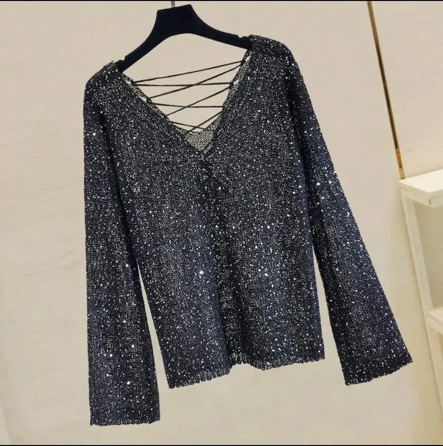 2019 Korean New Spring and Autumn Sequined Flare Sleeve V-neck Thin Sweater Sexy Backless Knit Blouse Pullover Tops | Женская одежда