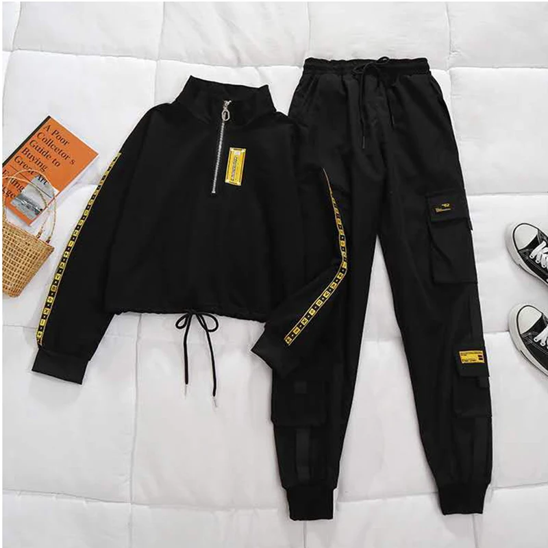 

Two-piece Set Streetwear Cargo Pants Women's 2020 Black High Waist Spring Autumn Casual Student Sweatershirt+Black Trousers