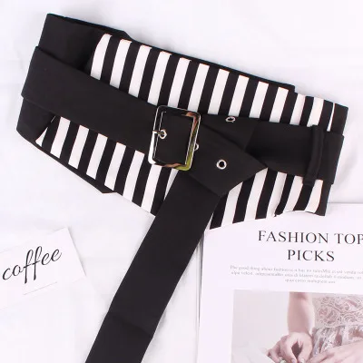 

New Fashion Ladies Vintage Striped Cotrast Stitching Style Waist Belt Super Wide Fabric Dress Decorate Corset Cummerbund Belt