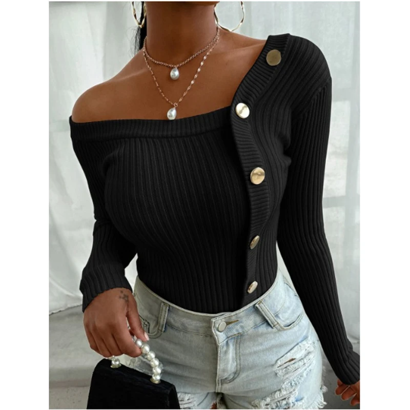 

Fashion Women Knitted Sweater Sexy Off Shoulder Button Office Lady Sweater Long Sleeve O-Neck Patchwork Female Streetswear