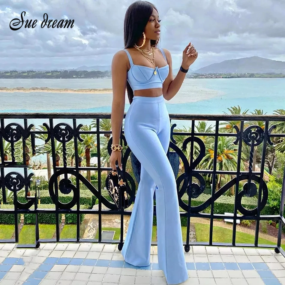 

2021 Summer New Women's Fashion Sexy Bandage 2 Two-piece Set Sleeveless Tight Short Top & High Waist Flared Trousers Pants Set
