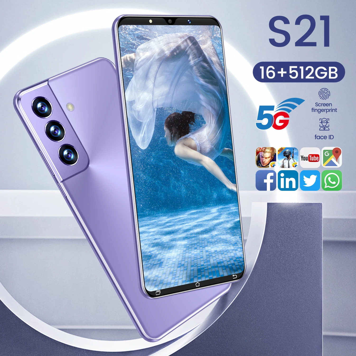 

Оригинальный смартфон S21, телефон с экраном 5,3 дюйма HD Full Screen 16 ГБ + 512 ГБ, 10-ядерный процессор MTK6889, разблокированный мобильный телефон Google Android...