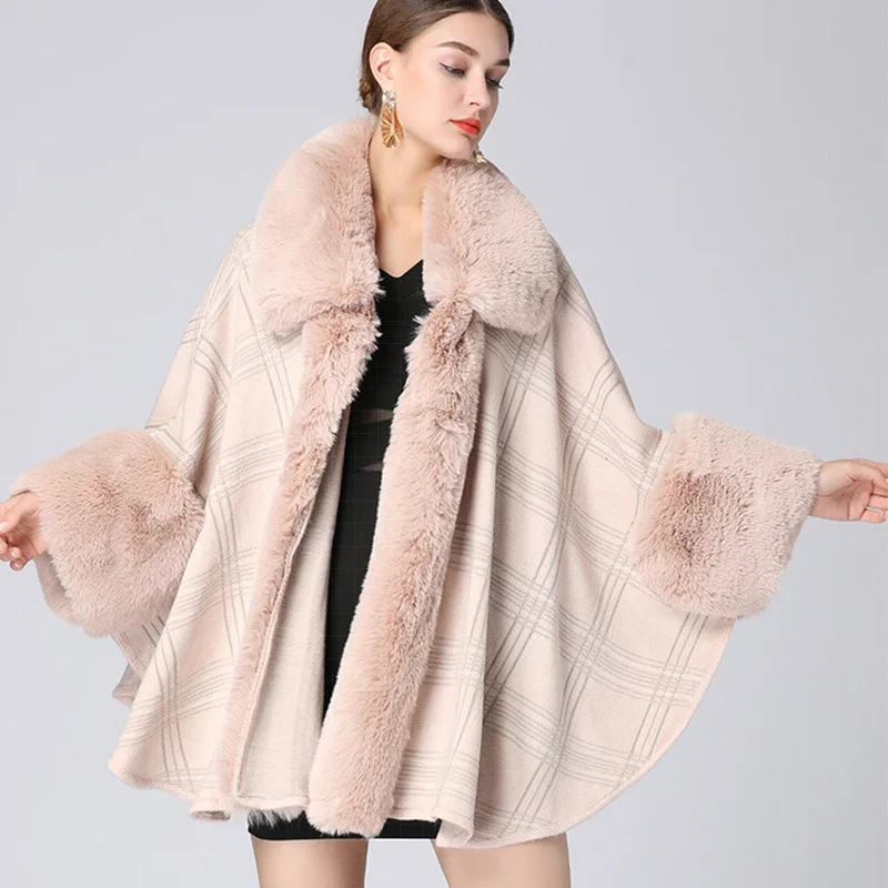 

2021 Women Party Overcoat Cloak Winter Imitation Rabbit Fur Big Collar Knitted Cardigan Cape Cashmere Long Sleeve Plaid Poncho