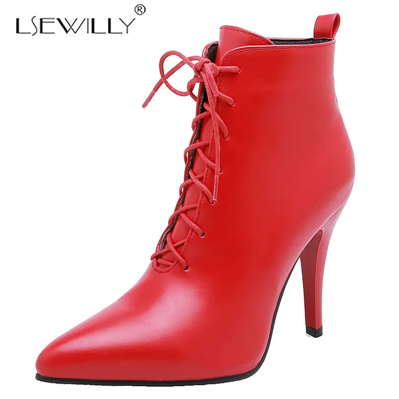 

Lsewilly Pointed Toe Lace Up Boots Fashion White Red Sexy Ankle Boots Women Solid Party Women Boots High Heels Winter K217