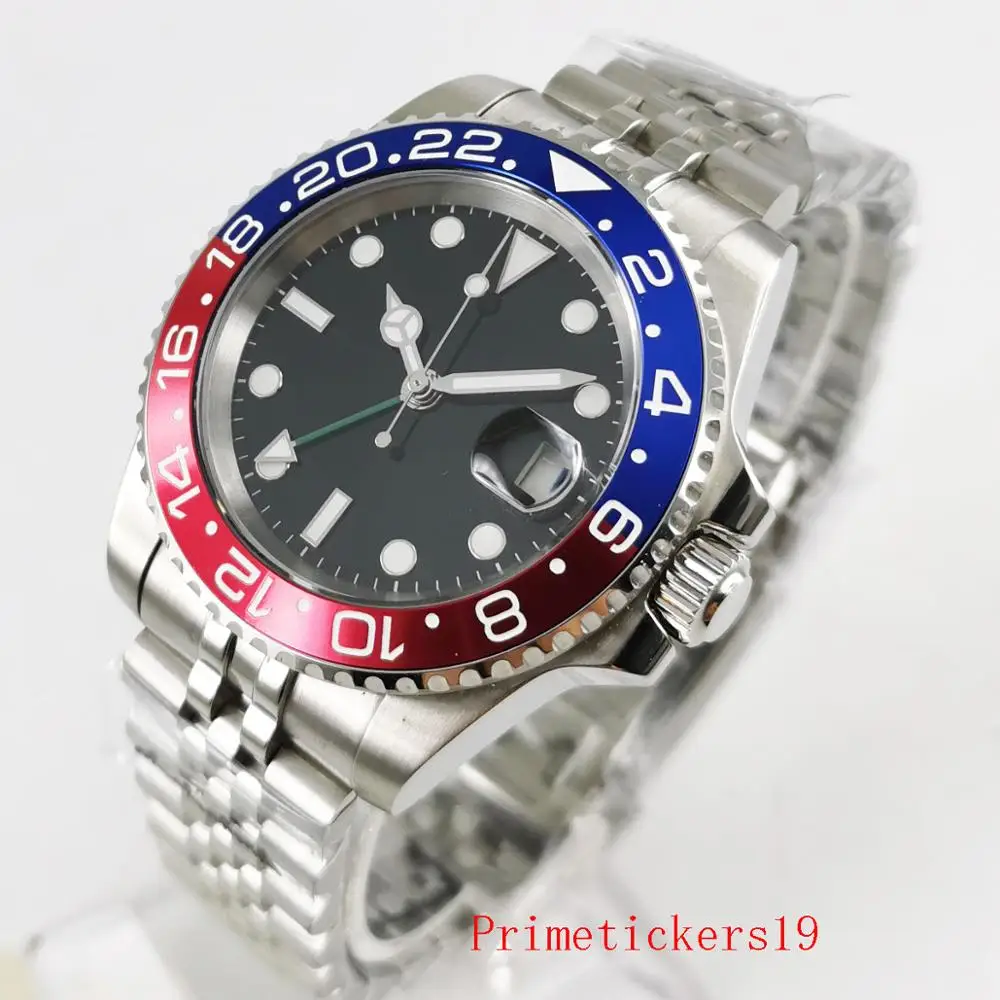 

New 40mm parnis nologo dial GMT sapphire glass automatic men wristwatch auto date steel bracelet mingzhu 3804 movement