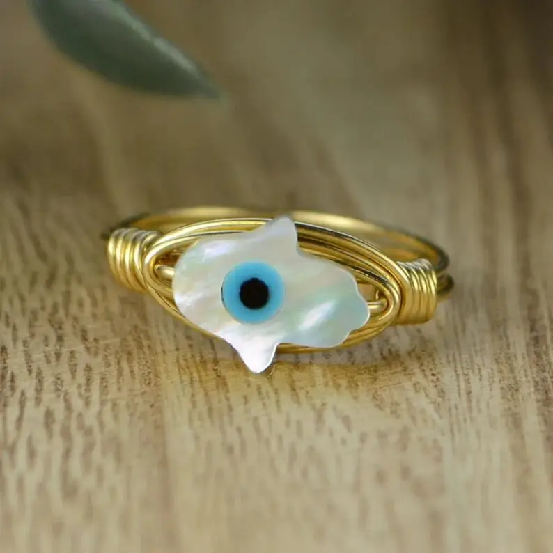 

Fashion New Demon Eye Ring Natural Fritillary Pure Handmade Copper Wire Ring Jewelry for Women Girl Party Jewelry Gift